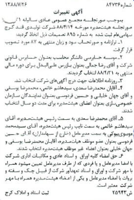 آگهی روزنامه رسمی شرکت تولیدی قند کرج مربوط به تصمیمات مجمع عمومی عادی سالیانه و انتخاب هیئت‌مدیره و مدیرعامل در تاریخ ۱۴ تیر ۱۳۸۸